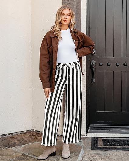 GRAPENT Women Jeans Striped Wide Leg High Waisted Trendy Stretchy Denim Pants Cute Casual Trouser Jeans with Pockets