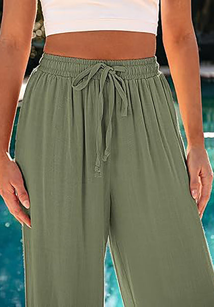 GRAPENT Wide Leg Pants Woman Linen High Waisted Pull On Flowy Casual Baggy Drawstring Palazzo Trousers Pants Resort Wear