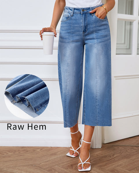GRAPENT Jean Capris for Women Wide Leg Jeans High Waisted Seamed Front Raw Hem Denim Capri Pants Stretchy
