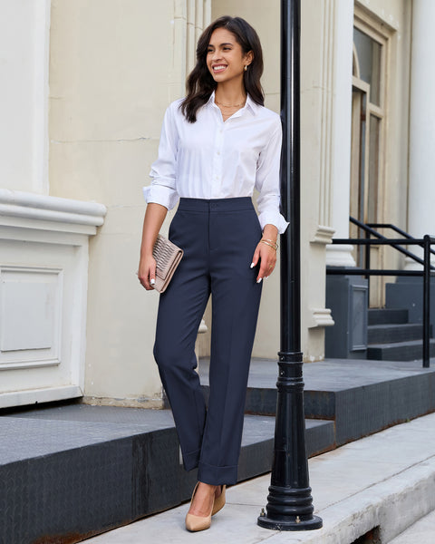 GRAPENT Dress Pants Women Ankle Straight Leg Business Casual Work Trousers Office Pants, Cuffed Hem, High Waisted, Elastic Back Waist, Stretchy Dressy Casual Slacks, Work Wear, Business Casual Outfits