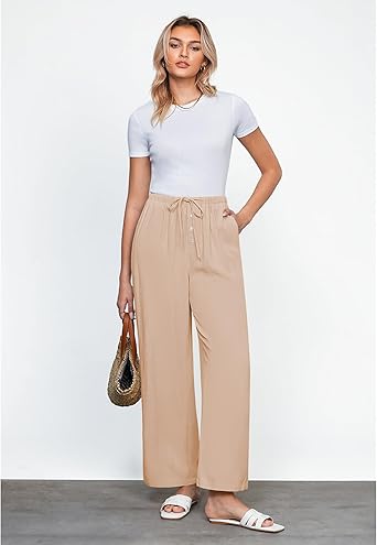 GRAPENT Linen Wide Leg Pants Woman High Waisted Pull On Button Drawstring Baggy Casual Summer Palazzo Pants with Pockets