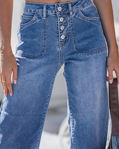 GRAPENT Wide Leg Jeans for Women Cropped Trendy High Waisted Button Fly Loose Straight Leg Stretchy Denim Trouser Jeans