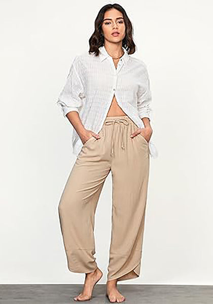 GRAPENT Linen Pants Women High Waisted Wide Leg Casual Beach Pull On Elastic Waist Summer Cropped Pants with Pockets