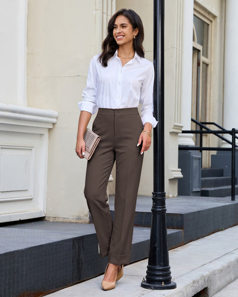 GRAPENT Dress Pants Women Ankle Straight Leg Business Casual Work Trousers Office Pants, Cuffed Hem, High Waisted, Elastic Back Waist, Stretchy Dressy Casual Slacks, Work Wear, Business Casual Outfits
