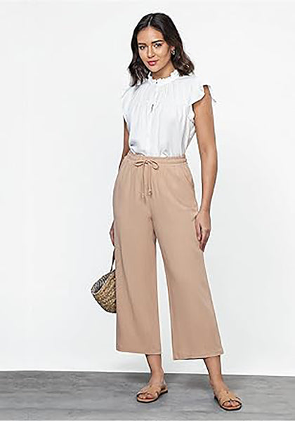 GRAPENT Linen Pants for Women High Waisted Wide Leg Capri Elastic Waist Casual Beach Flowy Cropped Summer Capris Pants