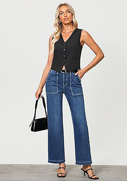 GRAPENT Jeans for Women High Waisted Straight Leg Jeans Stretchy Trendy Wide Leg Denim Pants Jean Trousers Patch Pockets
