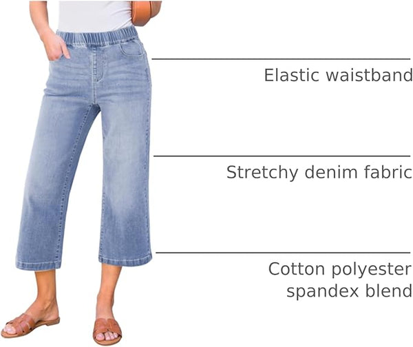 GRAPENT Capri Jeans for Women Wide Leg High Waisted Effortless Flow Pull On Stretchy Denim Elastic Waist Pants with Pockets