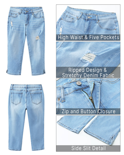 GRAPENT Capris Jeans for Women High Waisted Stretchy Ripped Skinny Denim Capri Pants Distressed Cropped Jeggings Casual