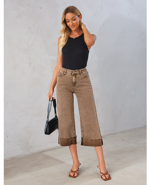 GRAPENT Wide Leg Jeans for Women High Waisted Stretchy Denim Capri Pants Fold Hem Cropped Baggy Capris Jeans with Pocket
