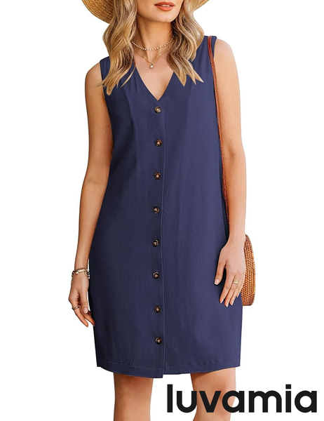 GPAPENT Linen Dresses for Women Summer Casual Sleeveless Button Down V Neck Pocket Self Tie Knee Length Loose Sun Dress