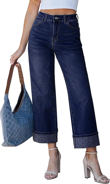 Grapent Women's High Waisted Cropped Wide Leg Jeans Trendy Printed Design Fold Hem Loose Straight Leg Stretchy Denim Pants Casual Daily Fashion Trousers