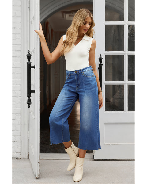 GRAPENT Jean Capris for Women Wide Leg Jeans High Waisted Seamed Front Raw Hem Denim Capri Pants Stretchy