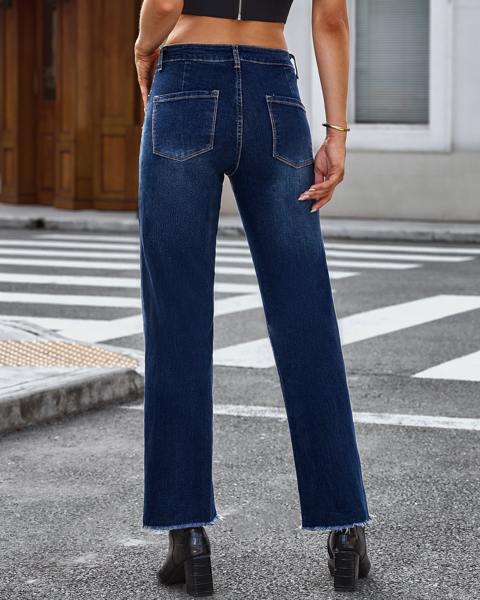 GRAPENT Straight Leg Jeans for Women High Waisted Stretchy Frayed