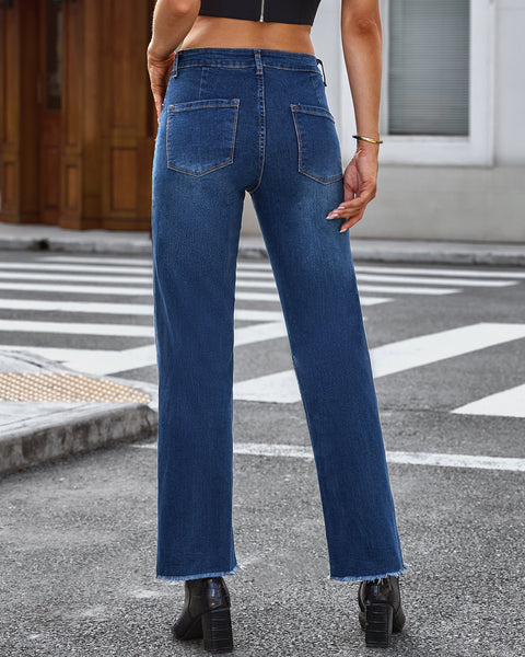GRAPENT Straight Leg Jeans for Women High Waisted Stretchy Frayed Raw Hem Loose Denim Pants Casual Baggy Jean Trousers