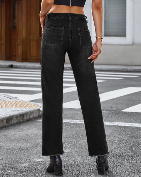 GRAPENT Straight Leg Jeans for Women High Waisted Stretchy Frayed Raw Hem Loose Denim Pants Casual Baggy Jean Trousers