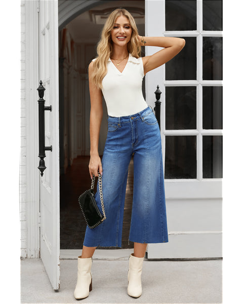 GRAPENT Jean Capris for Women Wide Leg Jeans High Waisted Seamed Front Raw Hem Denim Capri Pants Stretchy