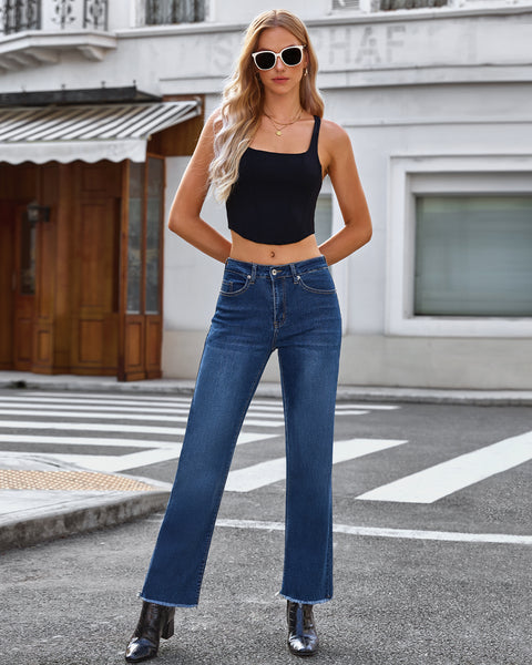 GRAPENT Straight Leg Jeans for Women High Waisted Stretchy Frayed Raw Hem Loose Denim Pants Casual Baggy Jean Trousers