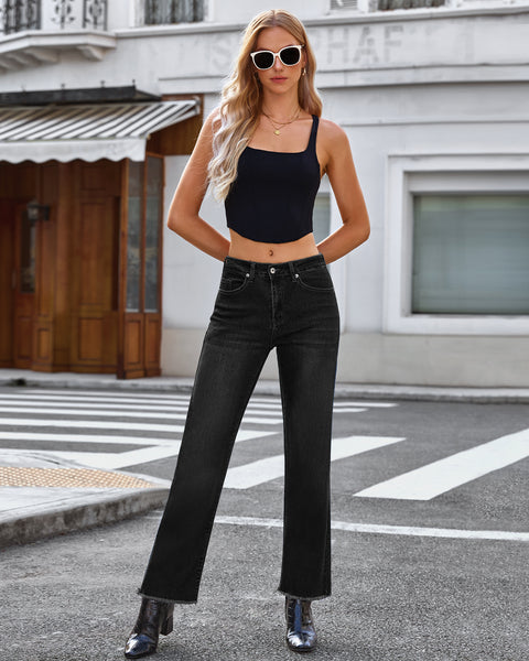 GRAPENT Straight Leg Jeans for Women High Waisted Stretchy Frayed Raw Hem Loose Denim Pants Casual Baggy Jean Trousers