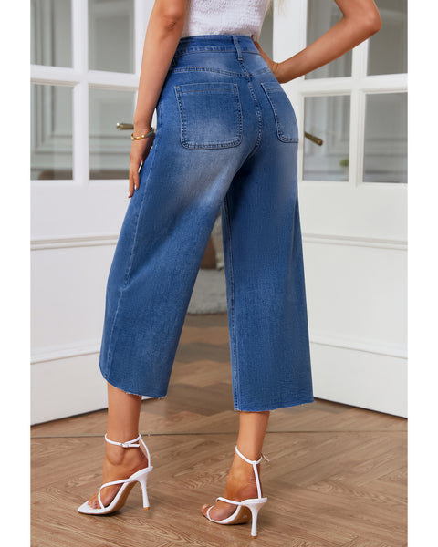 GRAPENT Jean Capris for Women Wide Leg Jeans High Waisted Seamed Front Raw Hem Denim Capri Pants Stretchy