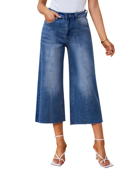 GRAPENT Jean Capris for Women Wide Leg Jeans High Waisted Seamed Front Raw Hem Denim Capri Pants Stretchy