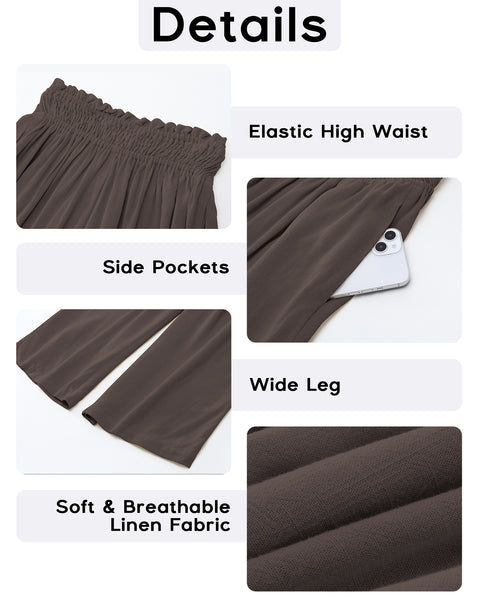 GRAPENT Capri Pants for Women High Waisted Wide Leg Linen Palazzo Trousers Pull On Elastic Smock Waist Loose Flowy Pants