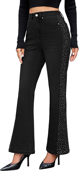 GRAPENT Flare Jeans for Women High Waisted Trendy Wide Leg Embellished Rhinestone Sparkly Concert Stretchy Denim Pants