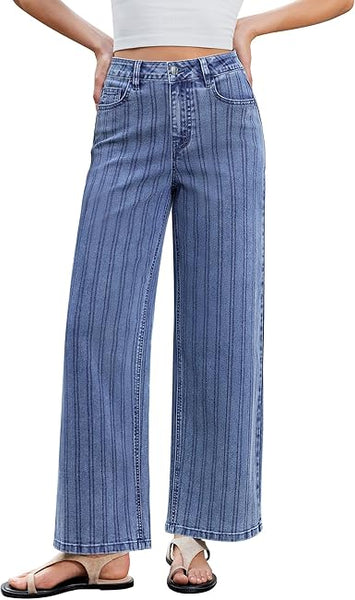 GRAPENT Striped Jeans for Women Trendy High Waisted Wide Leg Dressy Casual Stretchy Denim Pants Trouser Jeans