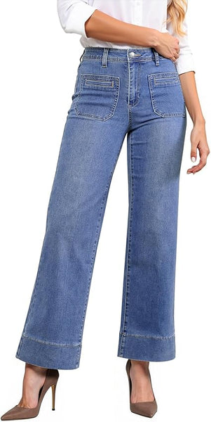 GRAPENT Wide Leg Jeans Woman Trendy High Waisted Patch Pocket Stretchy Denim Pants Vintage Casual Trouser Jeans