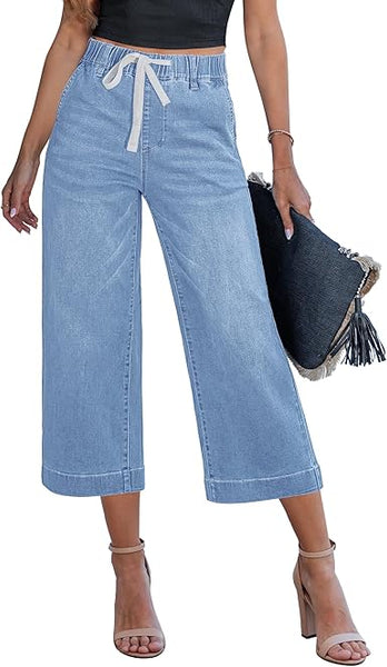 GRAPENT Capris Jeans for Women Trendy Wide Leg Capri Pants High Waisted Pull On Elastic Waist Summer Stretch Denim Jeans