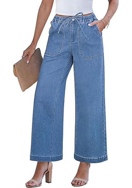 GRAPENT Wide Leg Jeans for Women Trendy High Waisted Drawstring Tie Elastic Waist Stretchy Denim Pants Trouser Jeans