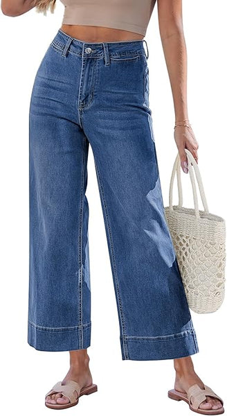 GRAPENT Wide Leg Jeans for Women Cropped Trendy High Waisted Welt Pocket Stretchy Denim Pants Distressed Trouser Jeans