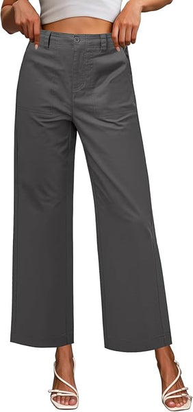 GRAPENT Wide Leg Pants for Women Cropped Chino High Waisted Business Casual Elastic Waist Work Trouser Pants with Pocket
