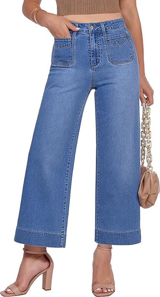 GRAPENT Cropped Jeans for Women Trendy 2026 Wide Leg High Waisted Patch Pocket Stretchy Denim Pants Short Trouser Jeans