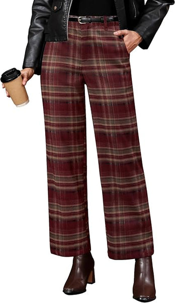 GRAPENT Plaid Pants for Women Wide Leg High Waisted Tartan Work Business Casual Elastic Waist Trousers Pants with Pocket