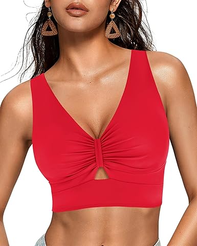 GRAPENT StrapCore Bikini Tops for Women Cropped Tankini Tops Beach Ruched Knot Cut Out Padded Adjustable Swimwear Swim Top Only