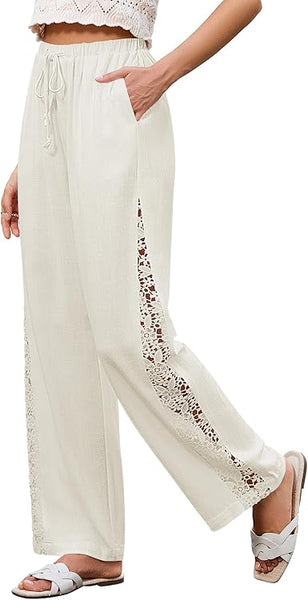 GRAPENT Linen Pants Women Wide Leg High Waisted Crochet Panel Pull On Elastic Waist Casual Summer Beach Vacation Pants