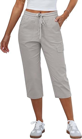GRAPENT Capri Pants for Women Cargo Elastic Waist Pull On Drawstring Summer Casual Capris Cotton Chino Cropped Pants