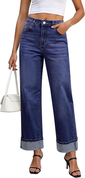GRAPENT Wide Leg Jeans for Women Trendy High Waisted Cuffed Hem Stretchy Denim Trousers Pants Work Casual Jeans
