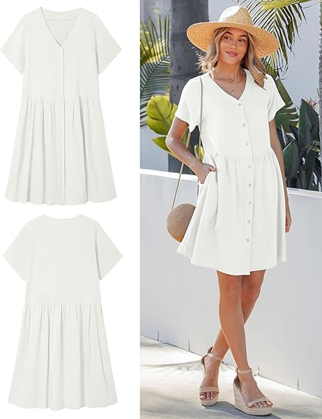 GRAPENT Linen Dresses for Women Casual Summer Babydoll Button Down Short Sleeve V Neck Above Knee Dress with Pockets