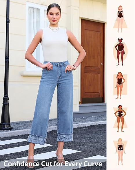Grapent Women's High Waisted Cropped Wide Leg Jeans Trendy Printed Design Fold Hem Loose Straight Leg Stretchy Denim Pants Casual Daily Fashion Trousers
