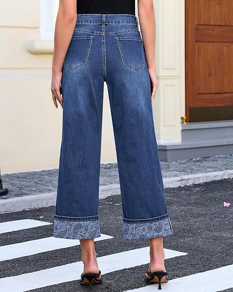 Grapent Women's High Waisted Cropped Wide Leg Jeans Trendy Printed Design Fold Hem Loose Straight Leg Stretchy Denim Pants Casual Daily Fashion Trousers