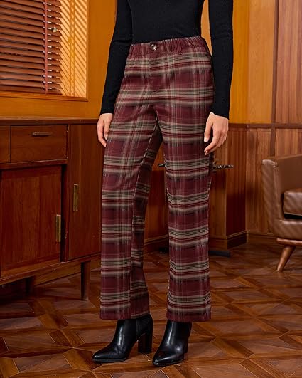 GRAPENT Plaid Pants for Women Wide Leg High Waisted Tartan Work Business Casual Elastic Waist Trousers Pants with Pocket