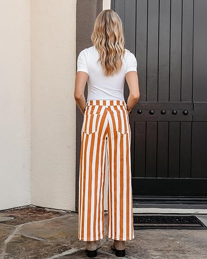 GRAPENT Women Jeans Striped Wide Leg High Waisted Trendy Stretchy Denim Pants Cute Casual Trouser Jeans with Pockets