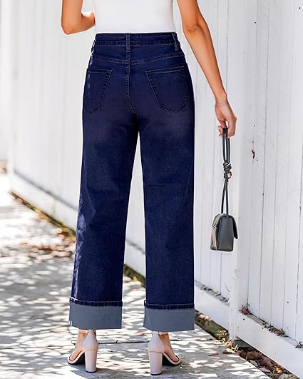 GRAPENT Wide Leg Jeans for Women Trendy High Waisted Cuffed Hem Stretchy Denim Trousers Pants Work Casual Jeans