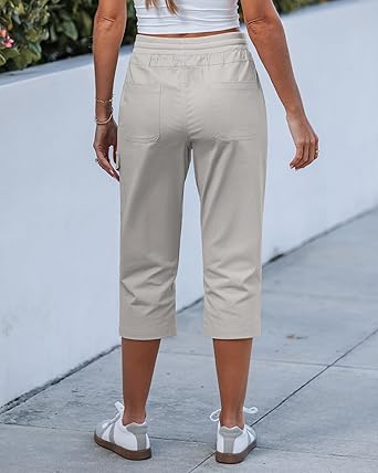 GRAPENT Capri Pants for Women Cargo Elastic Waist Pull On Drawstring Summer Casual Capris Cotton Chino Cropped Pants