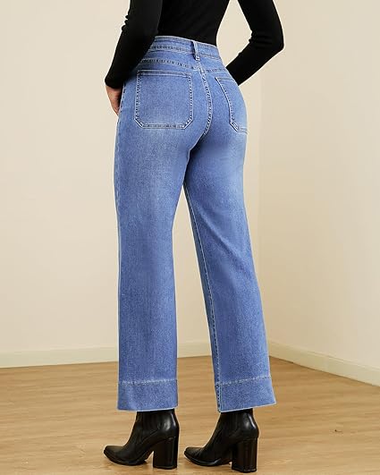 GRAPENT Wide Leg Jeans Woman Trendy High Waisted Patch Pocket Stretchy Denim Pants Vintage Casual Trouser Jeans