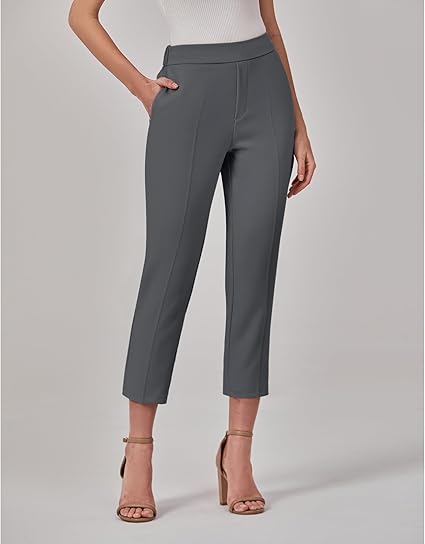 GRAPENT Capri Pants for Women High Waisted Pull On Dress Pants Slim Straight Leg Stretchy Waist Capris Trousers Pants