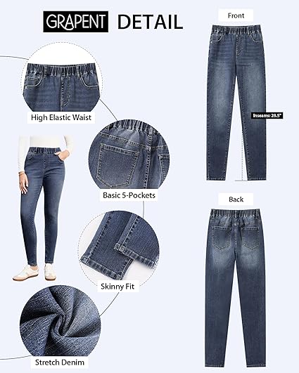 GRAPENT Skinny Jeans for Women High Waisted Trendy Pull On Elastic Waist Slim Jeggings Stretch Denim Pants Trouser Jeans