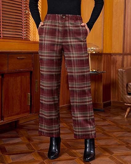 GRAPENT Plaid Pants for Women Wide Leg High Waisted Tartan Work Business Casual Elastic Waist Trousers Pants with Pocket