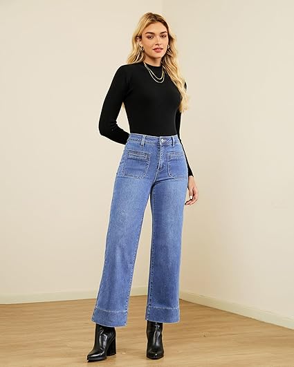 GRAPENT Wide Leg Jeans Woman Trendy High Waisted Patch Pocket Stretchy Denim Pants Vintage Casual Trouser Jeans